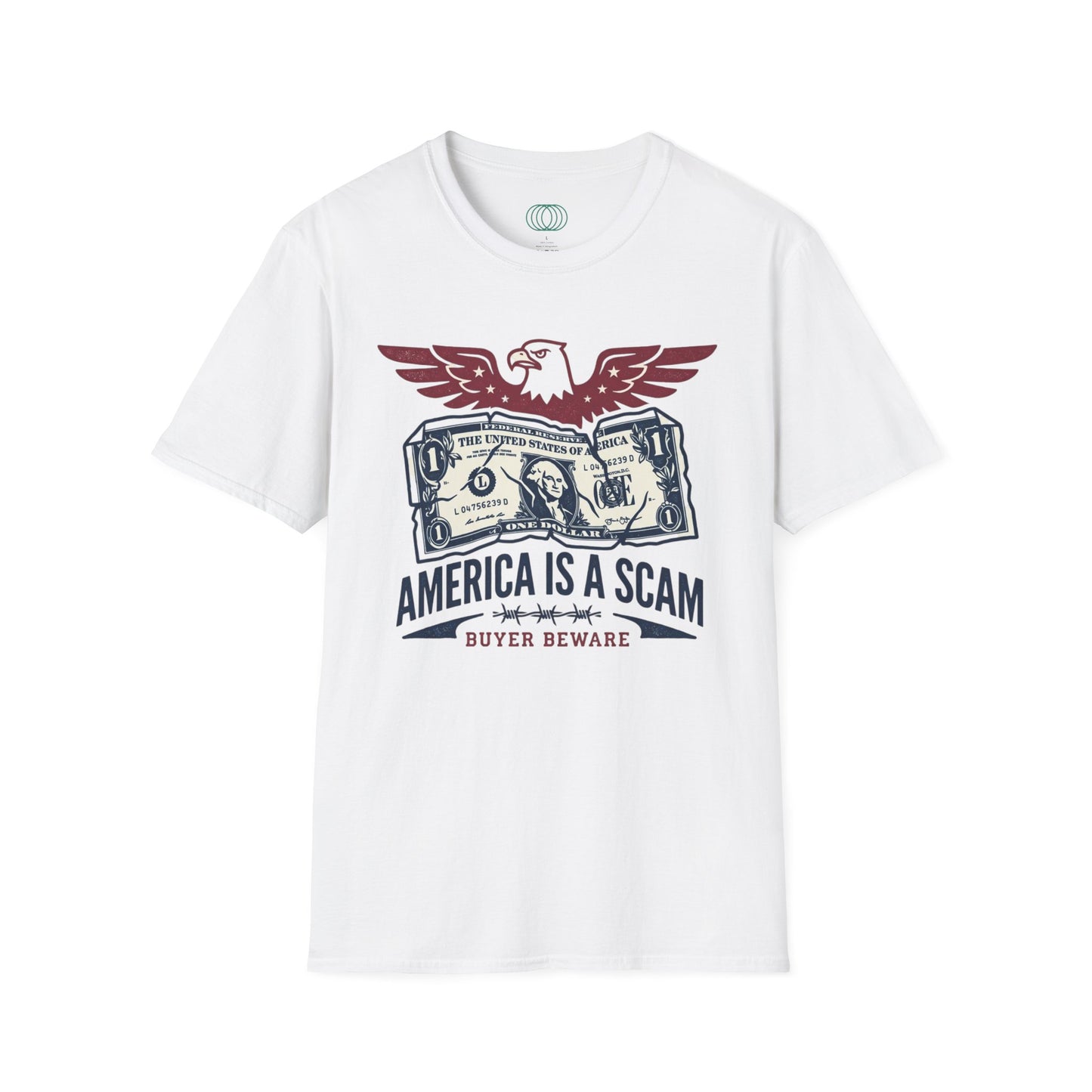 America Is a Scam Graphic T-Shirt — Patriotic Eagle & Dollar Design