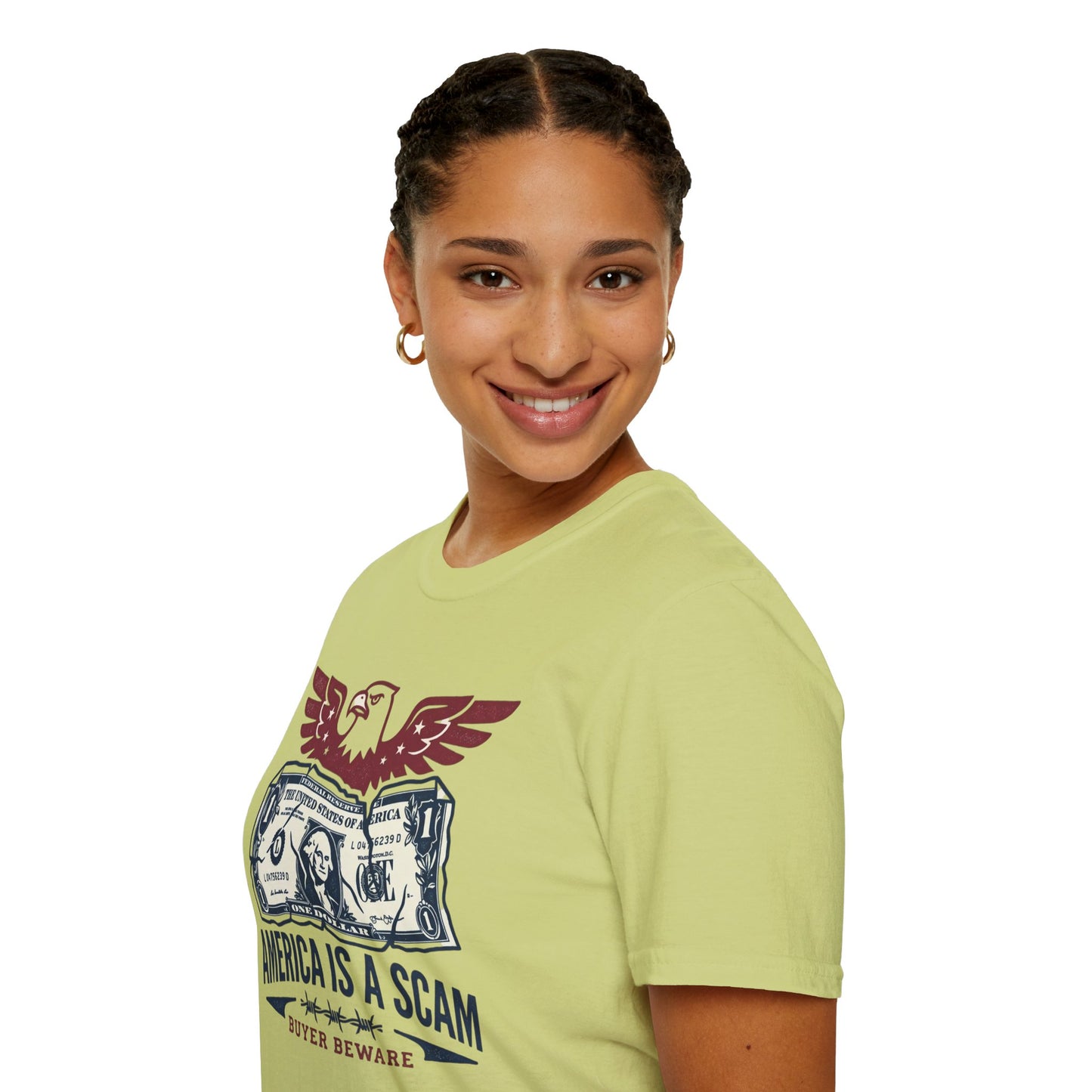 America Is a Scam Graphic T-Shirt — Patriotic Eagle & Dollar Design