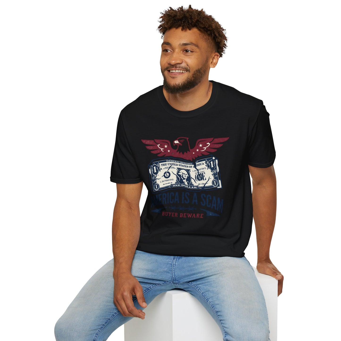 America Is a Scam Graphic T-Shirt — Patriotic Eagle & Dollar Design