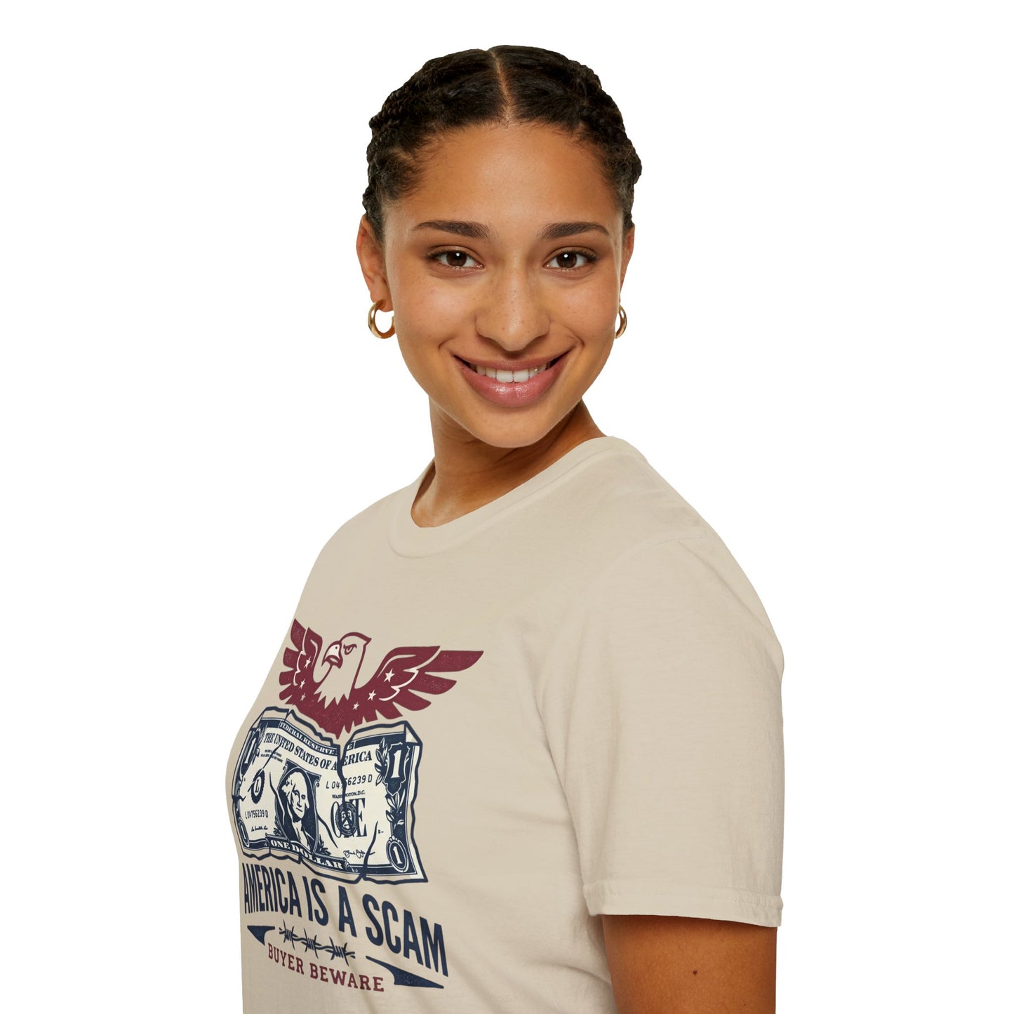 America Is a Scam Graphic T-Shirt — Patriotic Eagle & Dollar Design