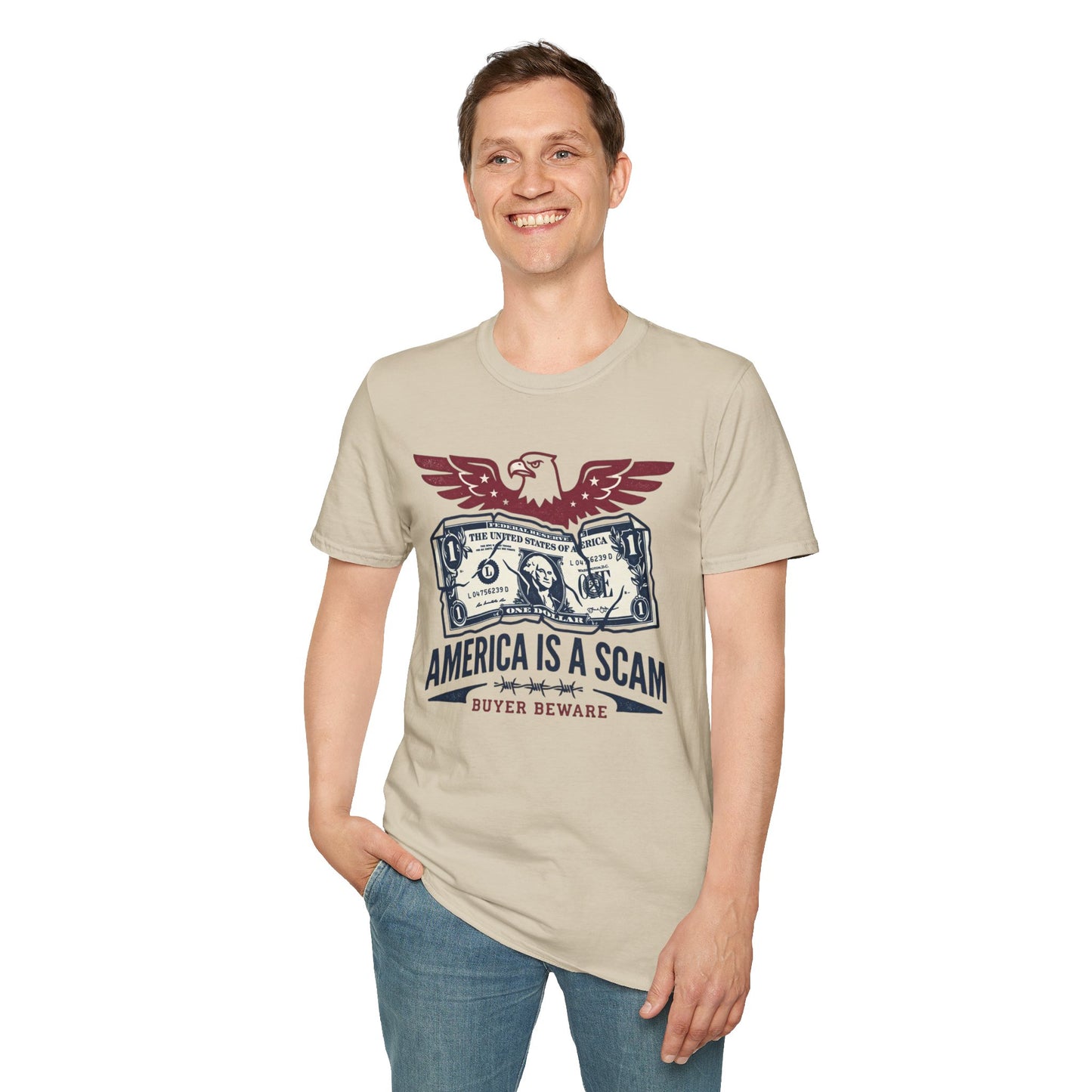 America Is a Scam Graphic T-Shirt — Patriotic Eagle & Dollar Design