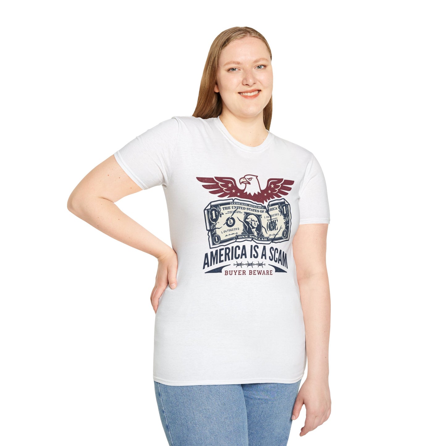 America Is a Scam Graphic T-Shirt — Patriotic Eagle & Dollar Design