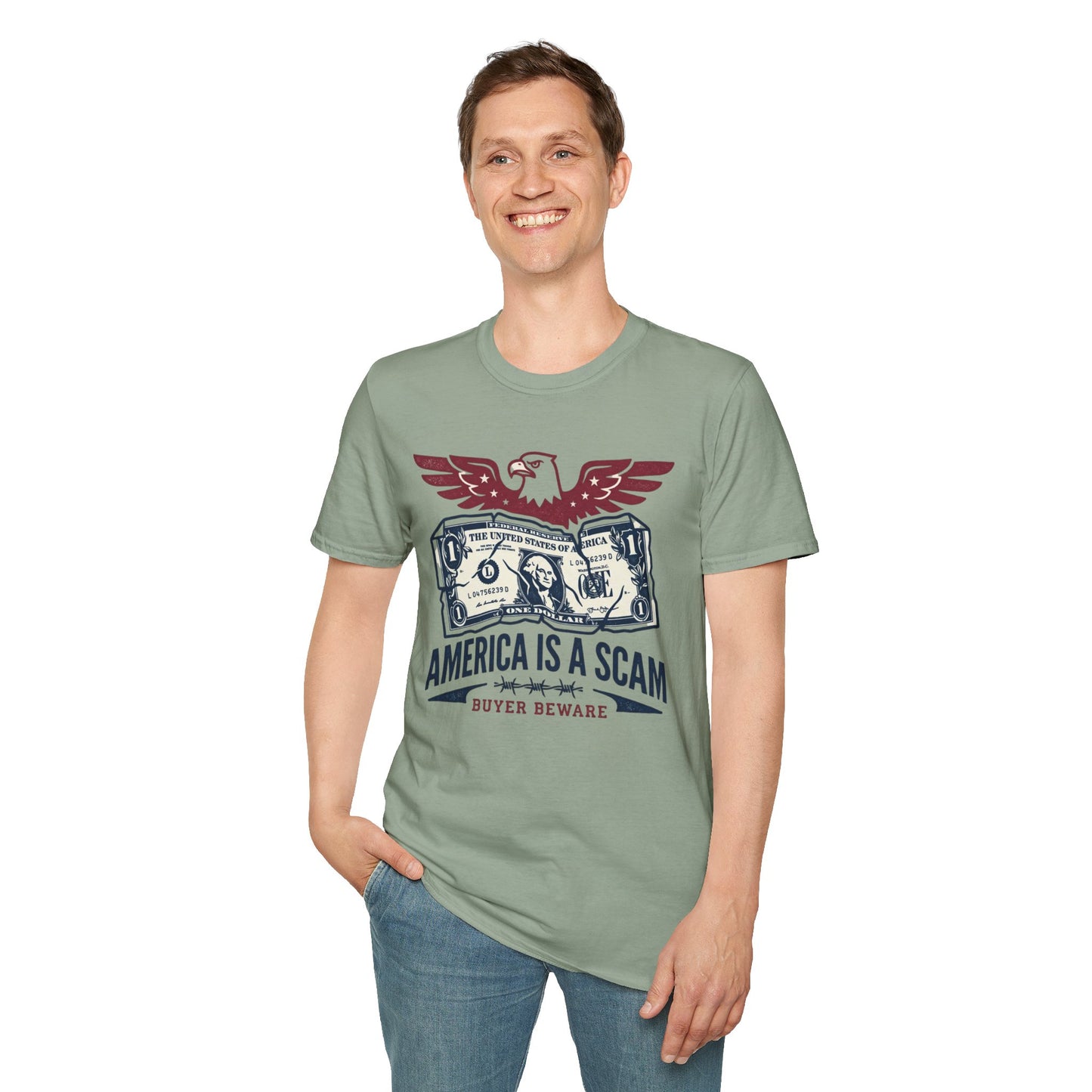 America Is a Scam Graphic T-Shirt — Patriotic Eagle & Dollar Design