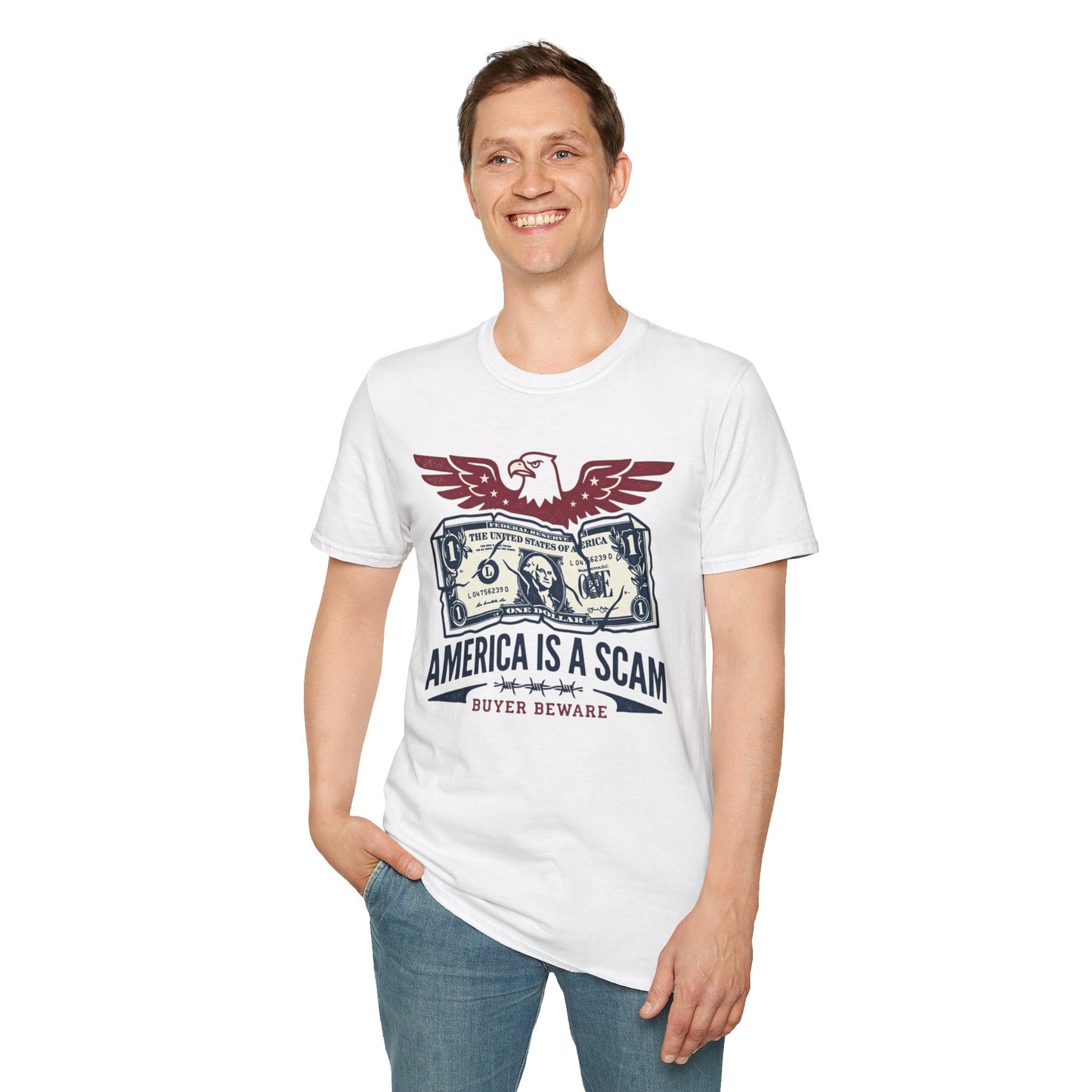 America Is a Scam Graphic T-Shirt — Patriotic Eagle & Dollar Design