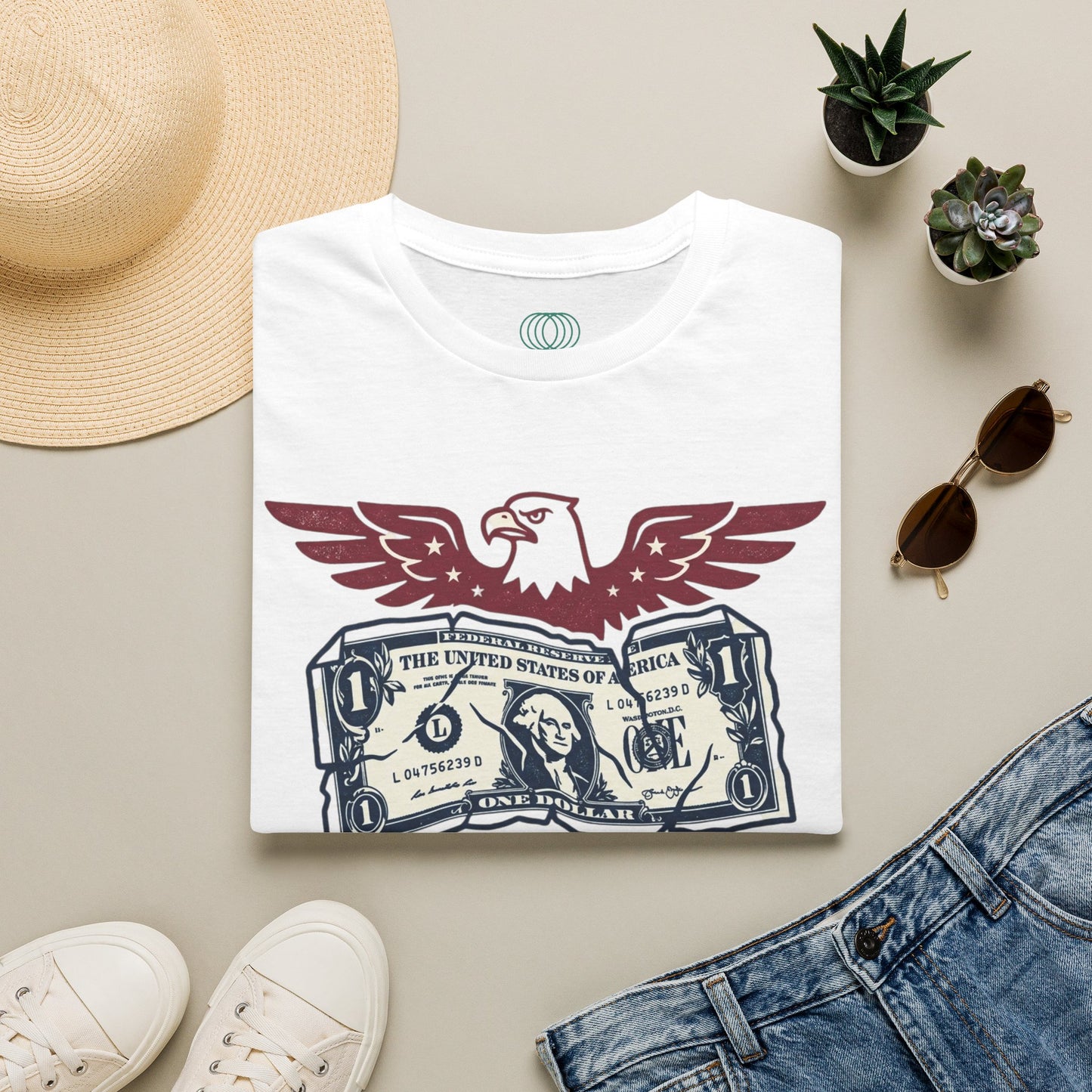 America Is a Scam Graphic T-Shirt — Patriotic Eagle & Dollar Design