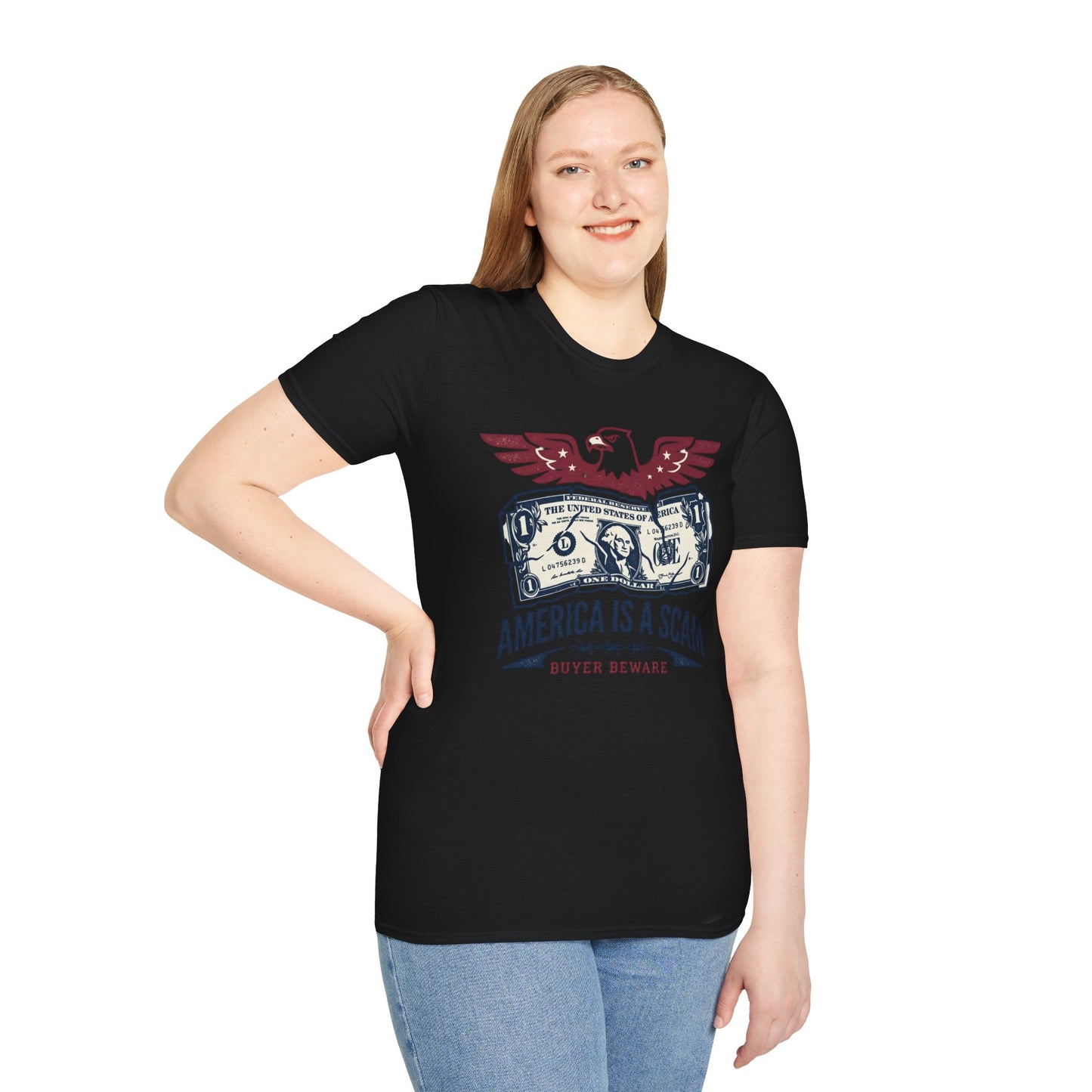 America Is a Scam Graphic T-Shirt — Patriotic Eagle & Dollar Design