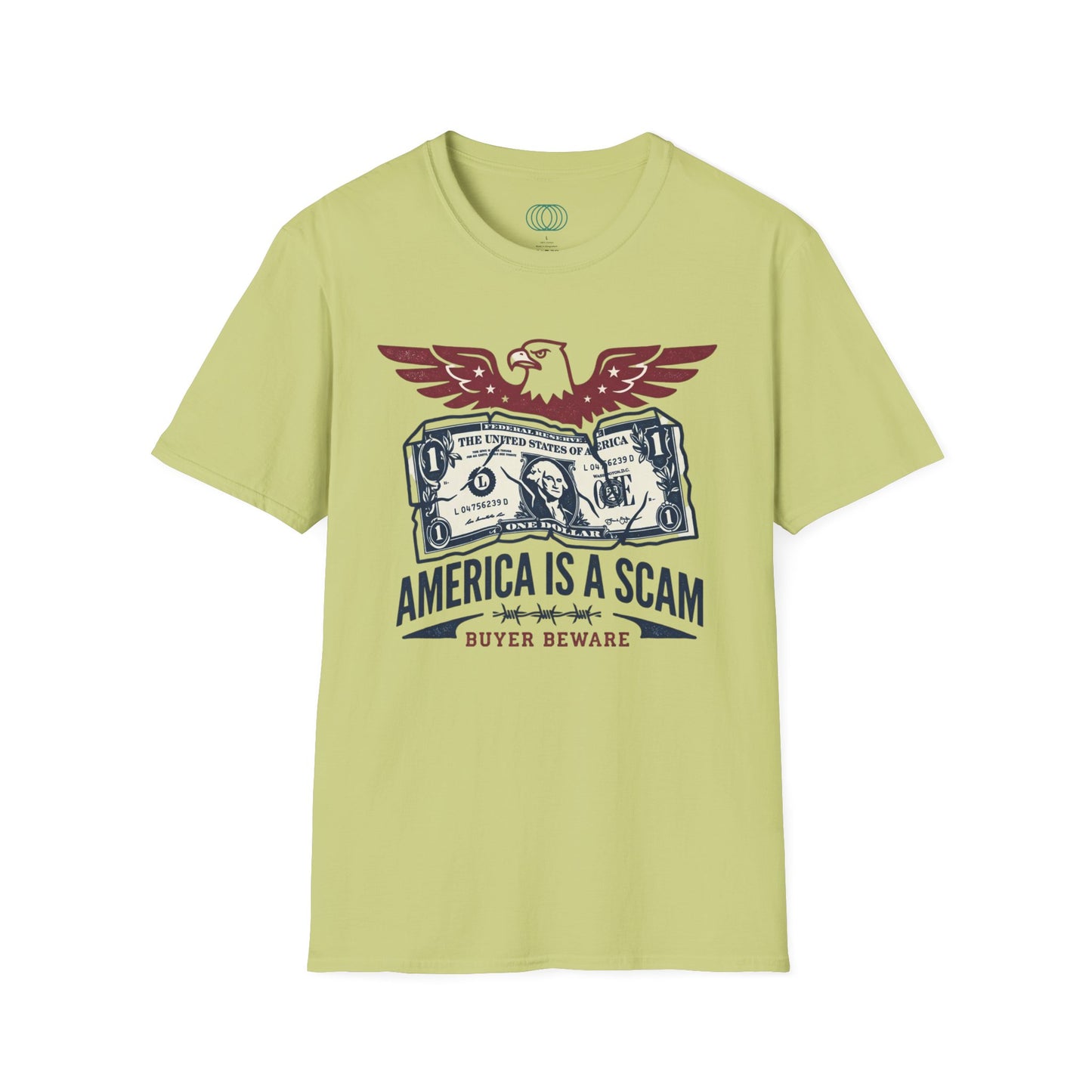 America Is a Scam Graphic T-Shirt — Patriotic Eagle & Dollar Design