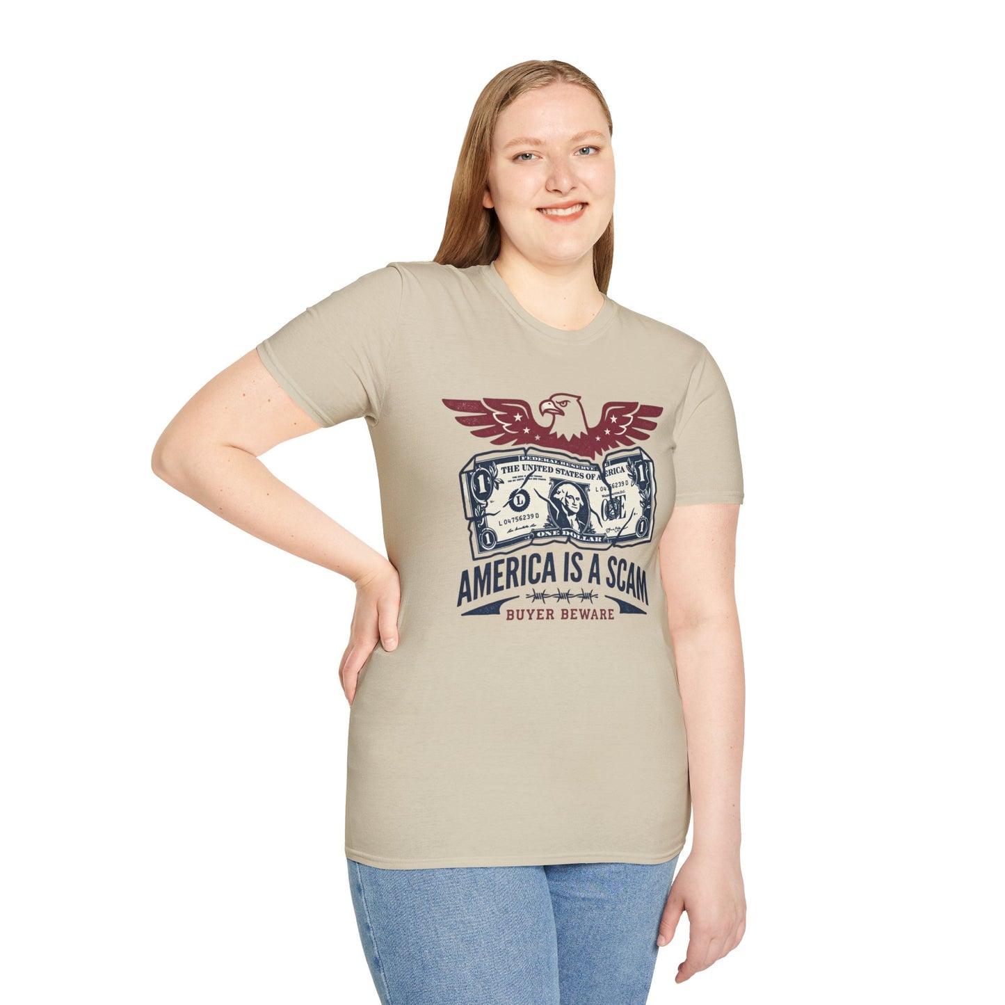 America Is a Scam Graphic T-Shirt — Patriotic Eagle & Dollar Design