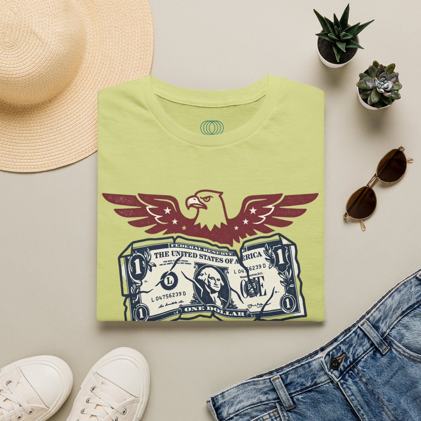 America Is a Scam Graphic T-Shirt — Patriotic Eagle & Dollar Design