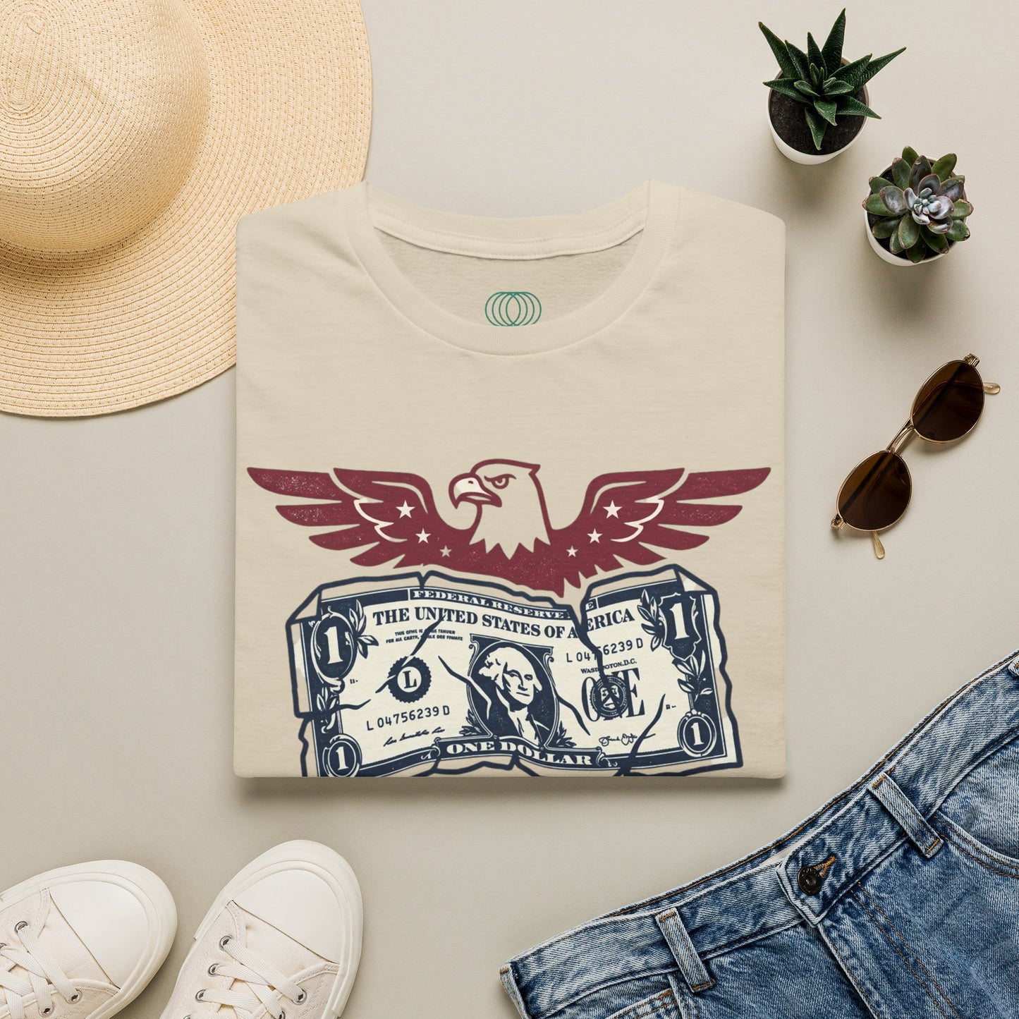 America Is a Scam Graphic T-Shirt — Patriotic Eagle & Dollar Design