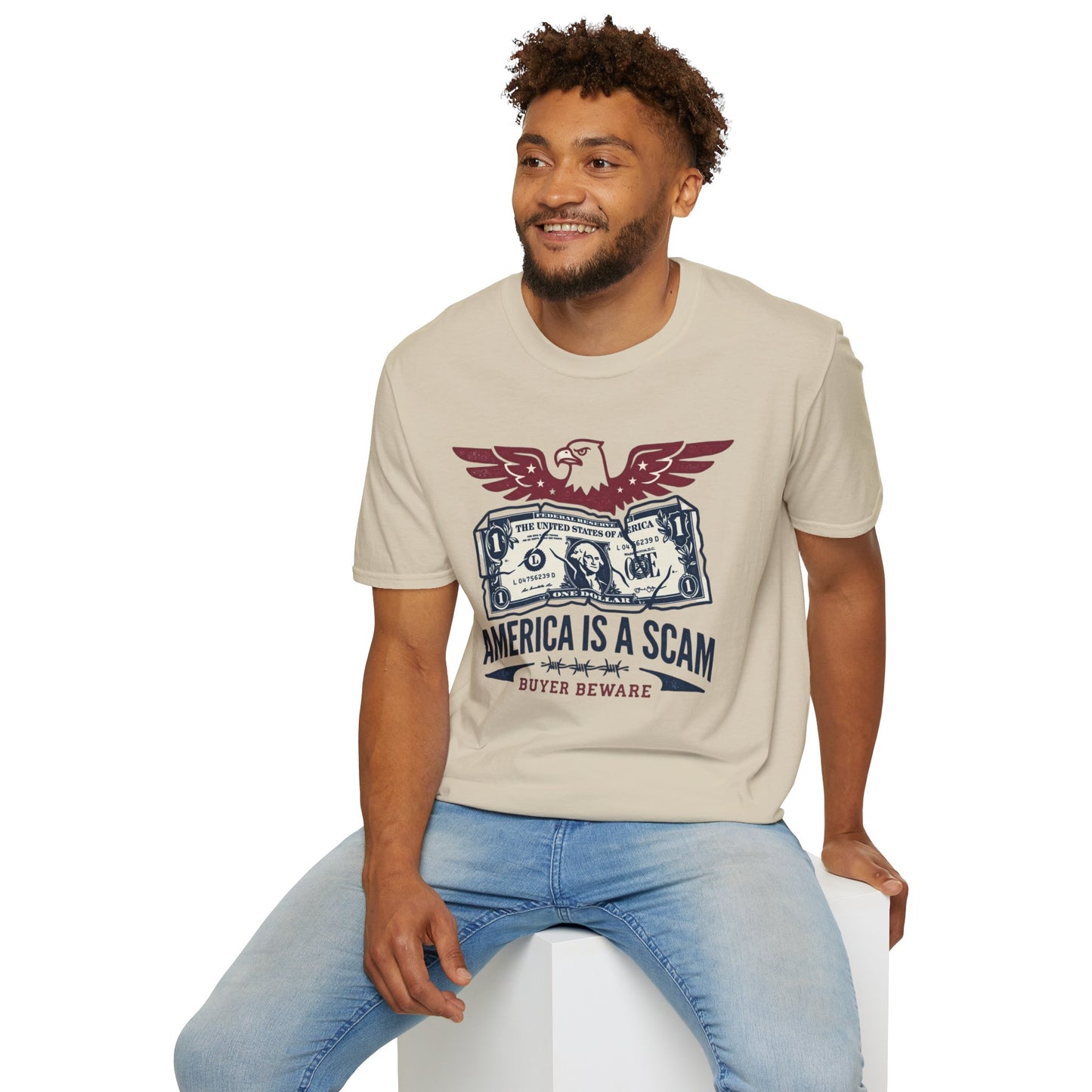 America Is a Scam Graphic T-Shirt — Patriotic Eagle & Dollar Design