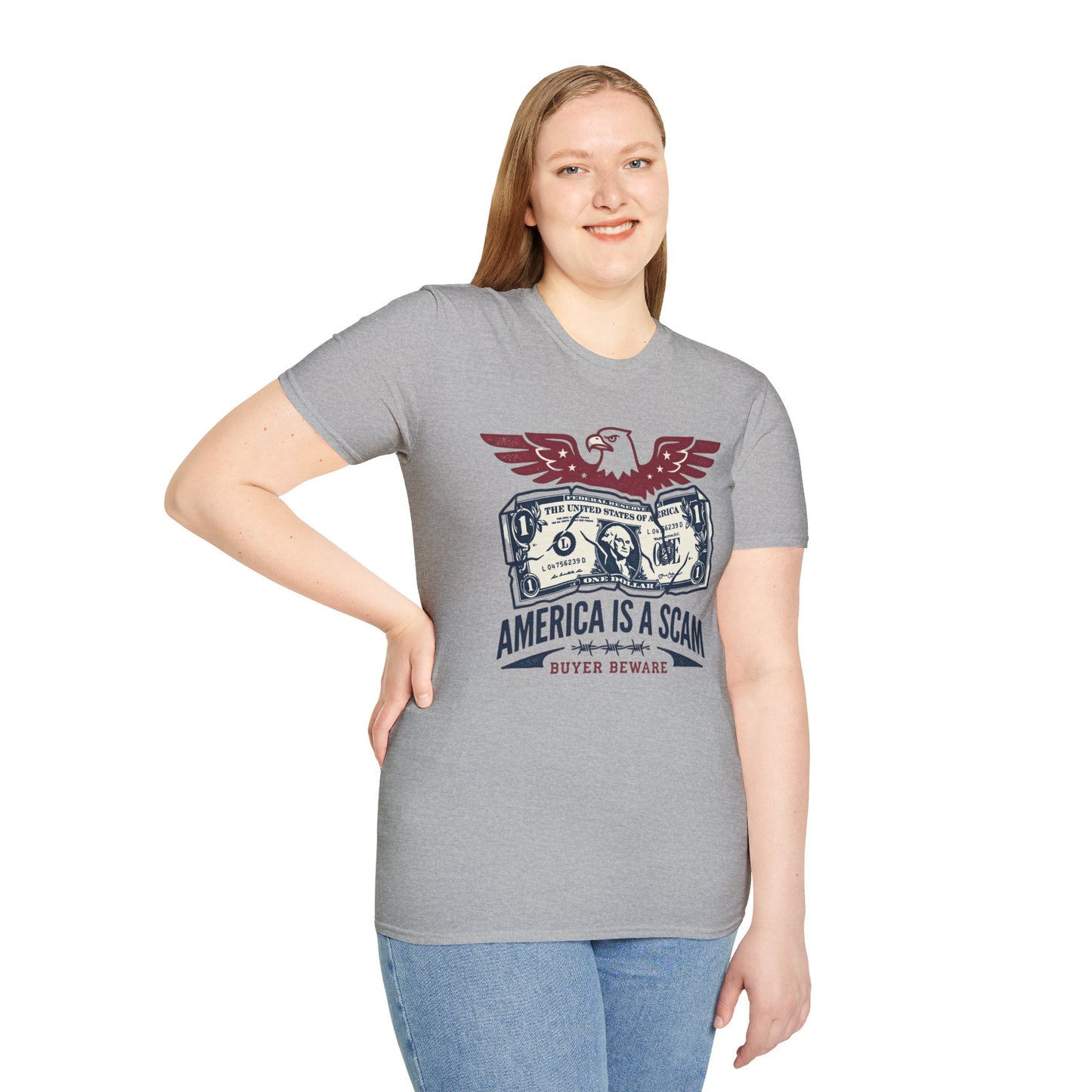 America Is a Scam Graphic T-Shirt — Patriotic Eagle & Dollar Design