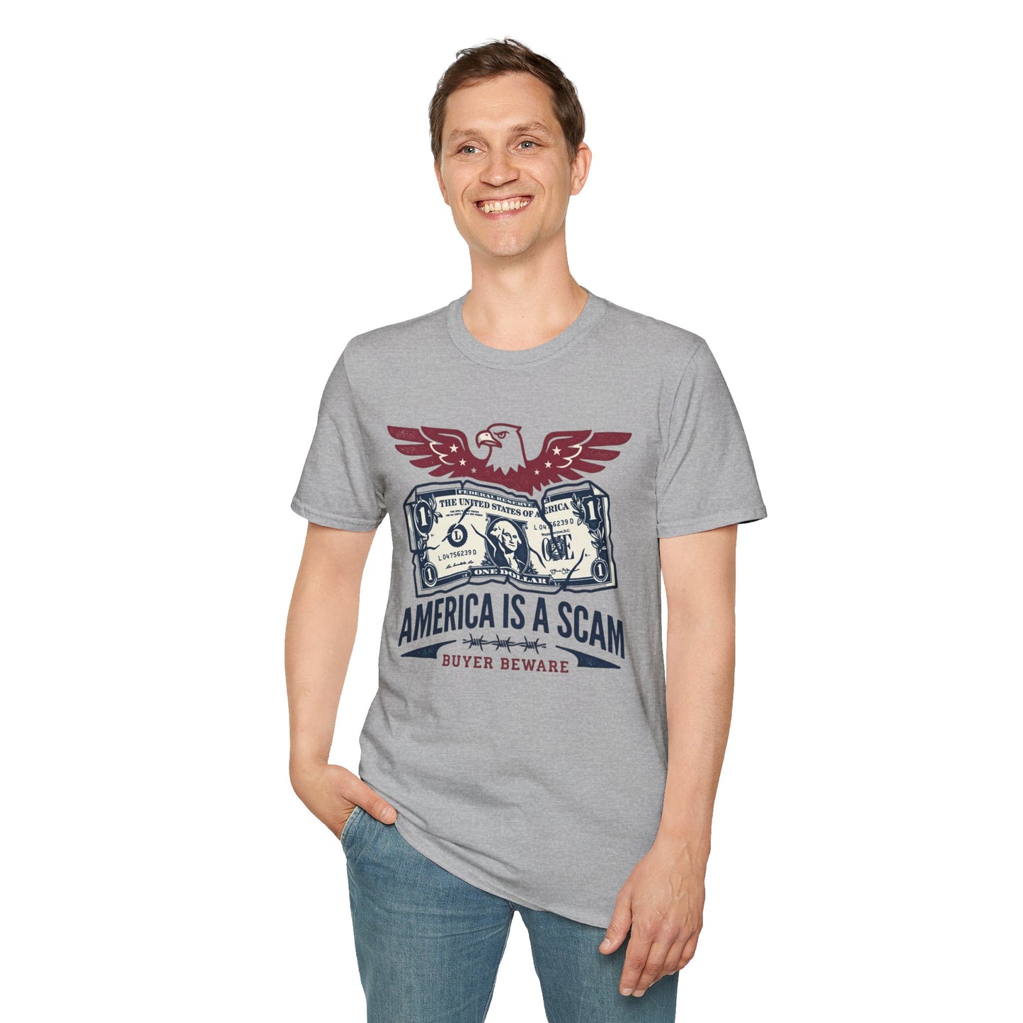 America Is a Scam Graphic T-Shirt — Patriotic Eagle & Dollar Design