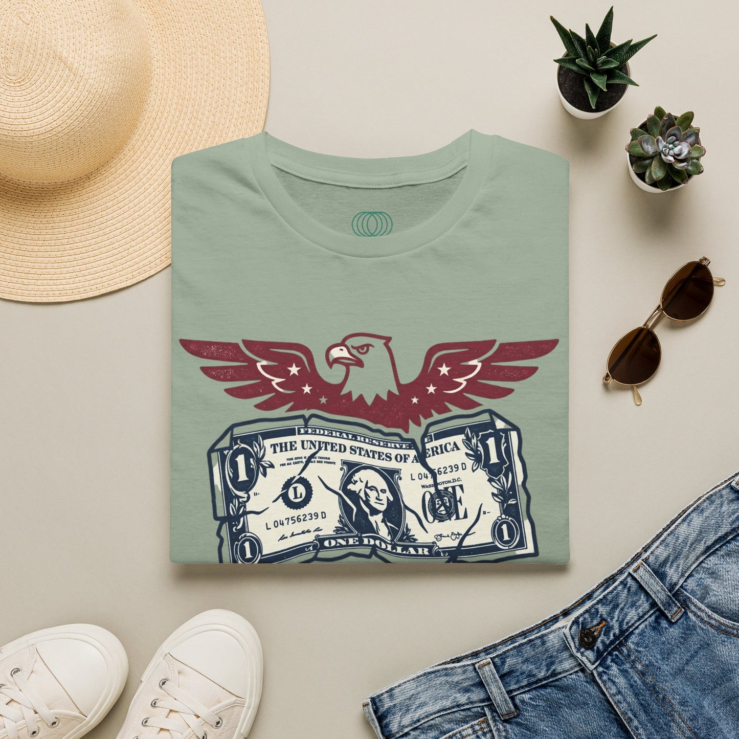 America Is a Scam Graphic T-Shirt — Patriotic Eagle & Dollar Design