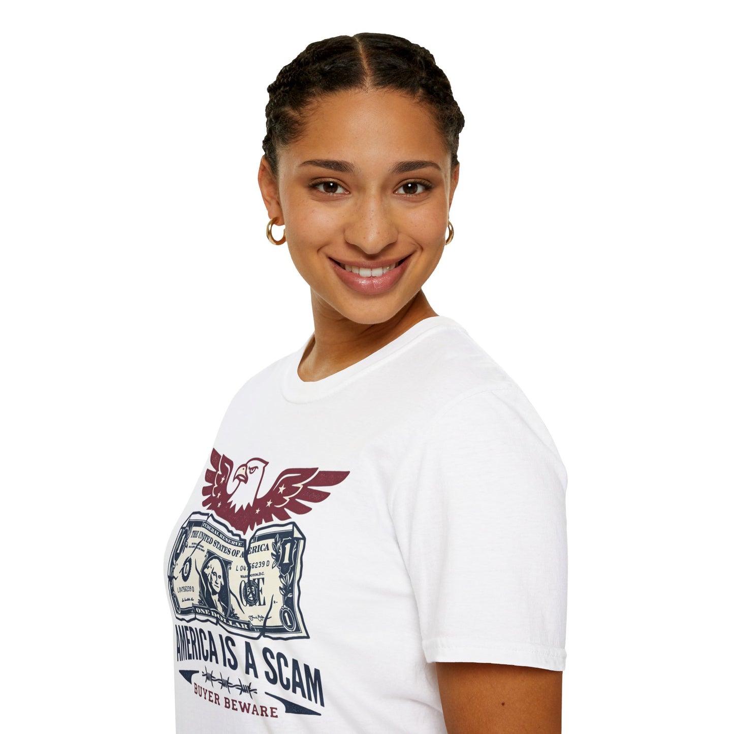 America Is a Scam Graphic T-Shirt — Patriotic Eagle & Dollar Design