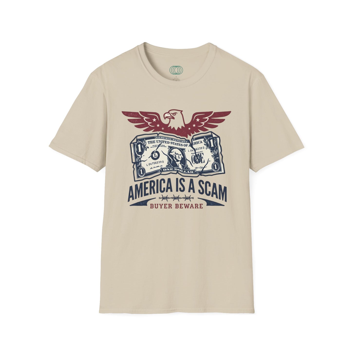 America Is a Scam Graphic T-Shirt — Patriotic Eagle & Dollar Design