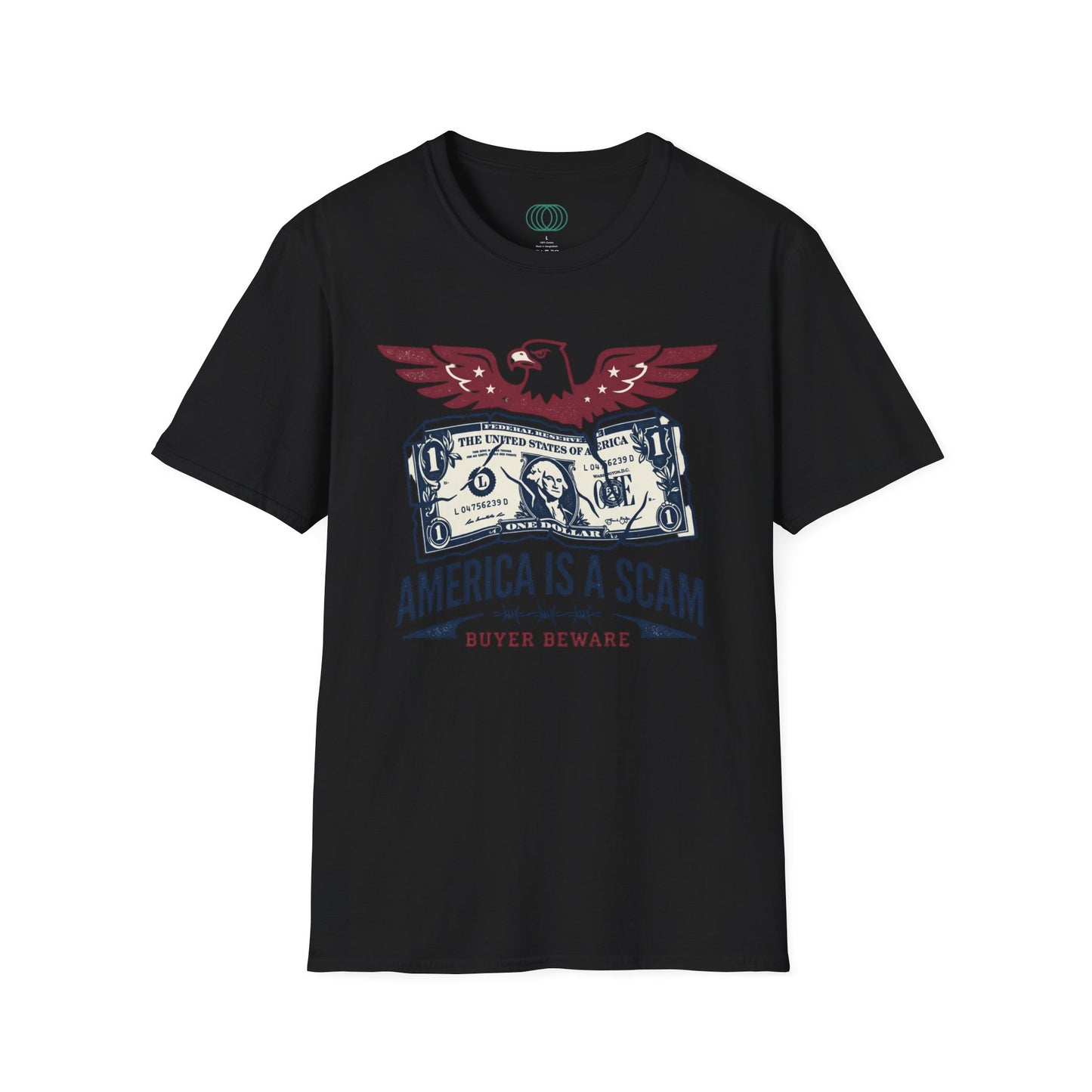 America Is a Scam Graphic T-Shirt — Patriotic Eagle & Dollar Design