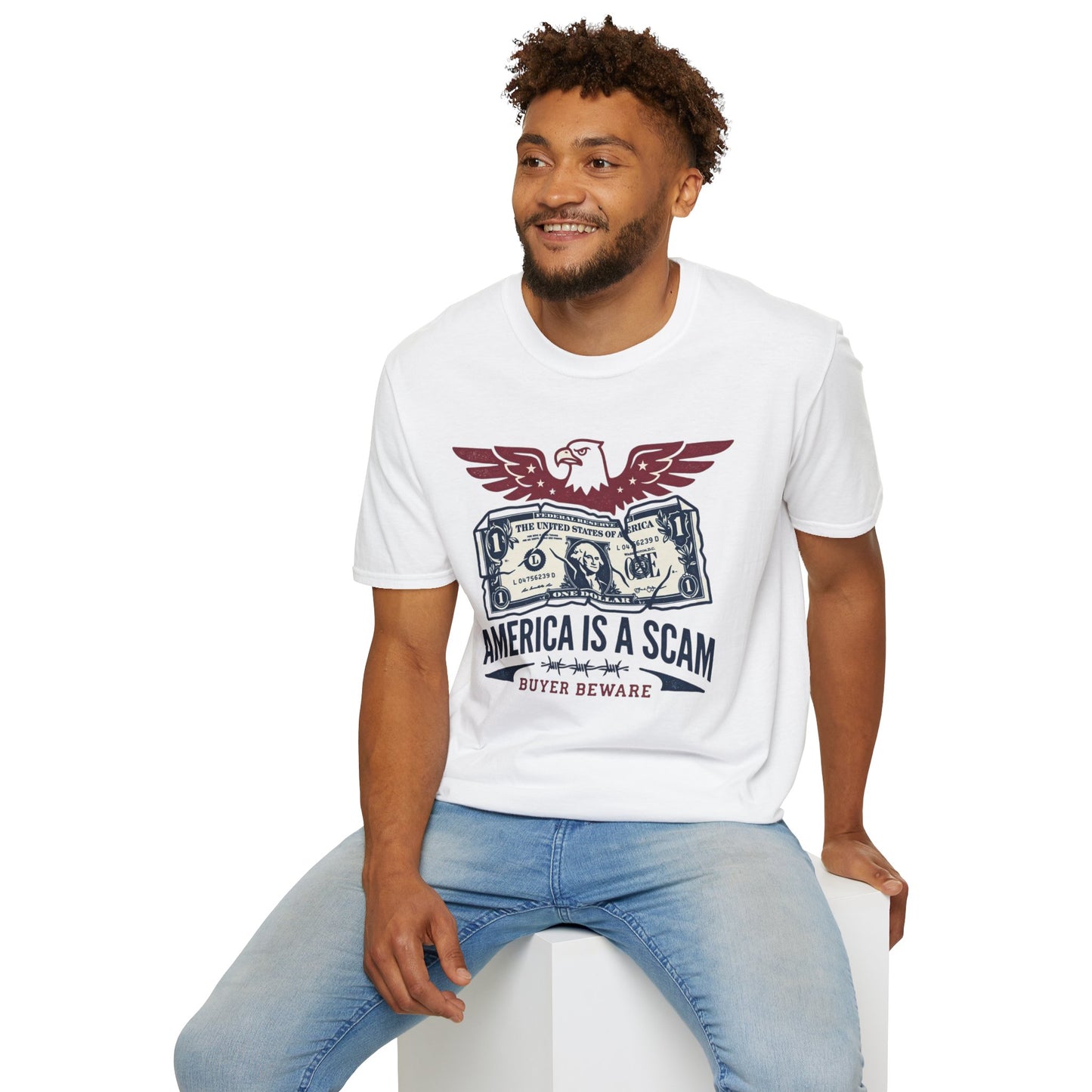America Is a Scam Graphic T-Shirt — Patriotic Eagle & Dollar Design