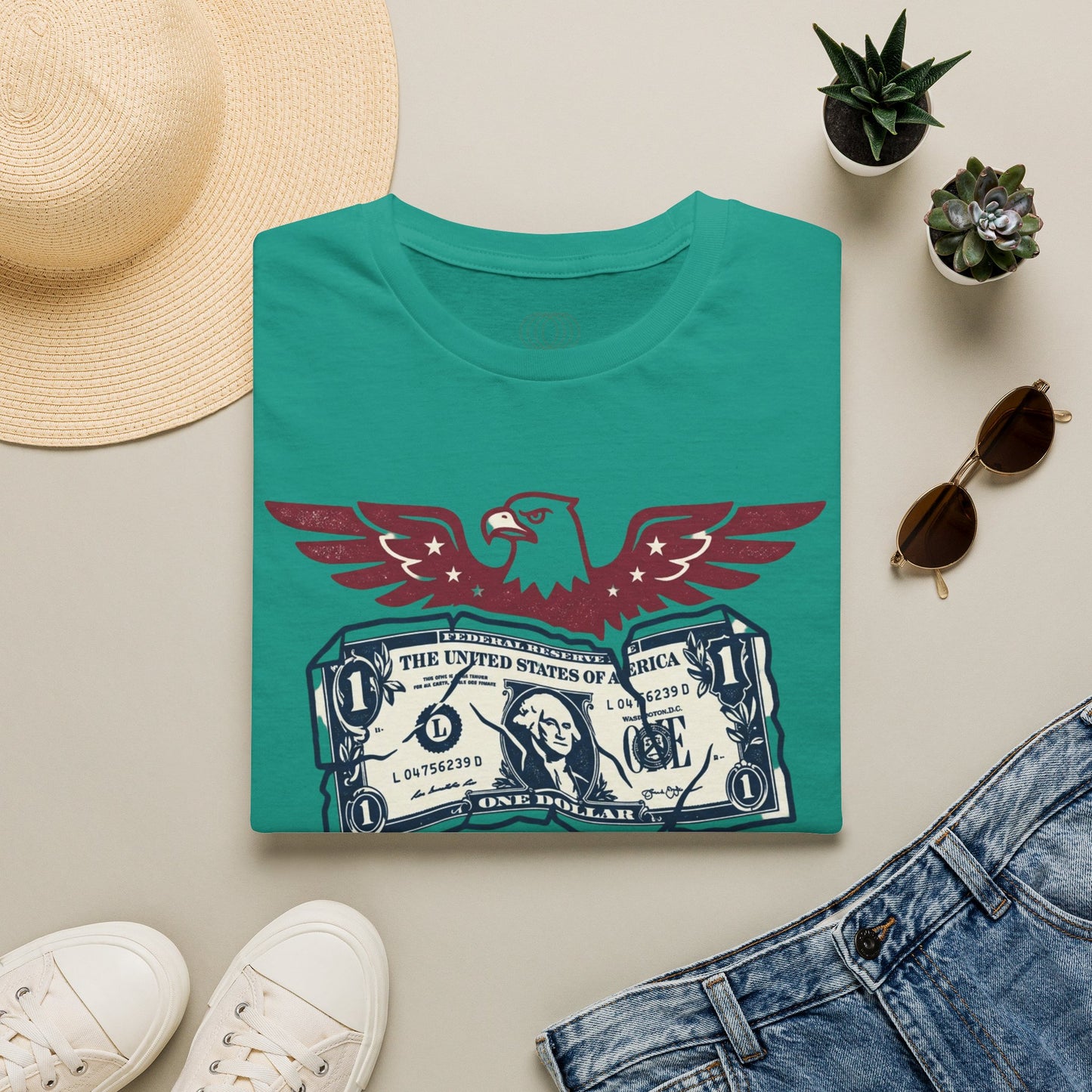 America Is a Scam Graphic T-Shirt — Patriotic Eagle & Dollar Design