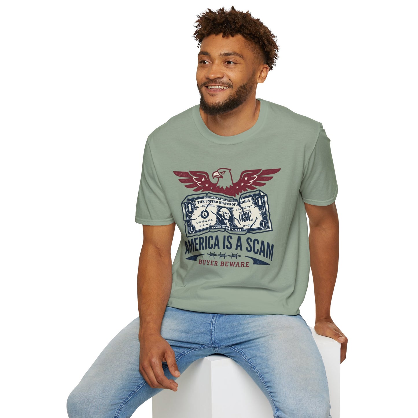 America Is a Scam Graphic T-Shirt — Patriotic Eagle & Dollar Design