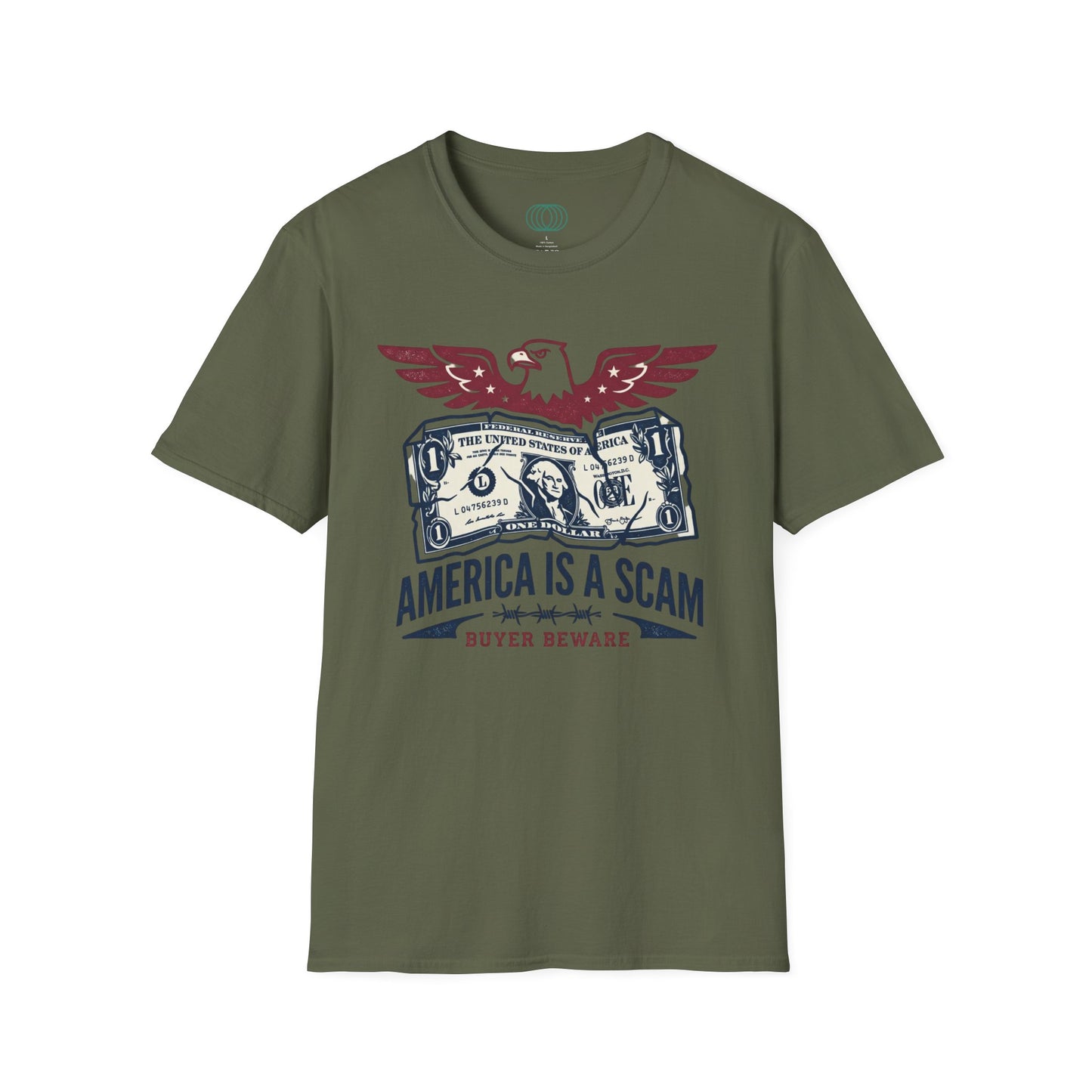 America Is a Scam Graphic T-Shirt — Patriotic Eagle & Dollar Design